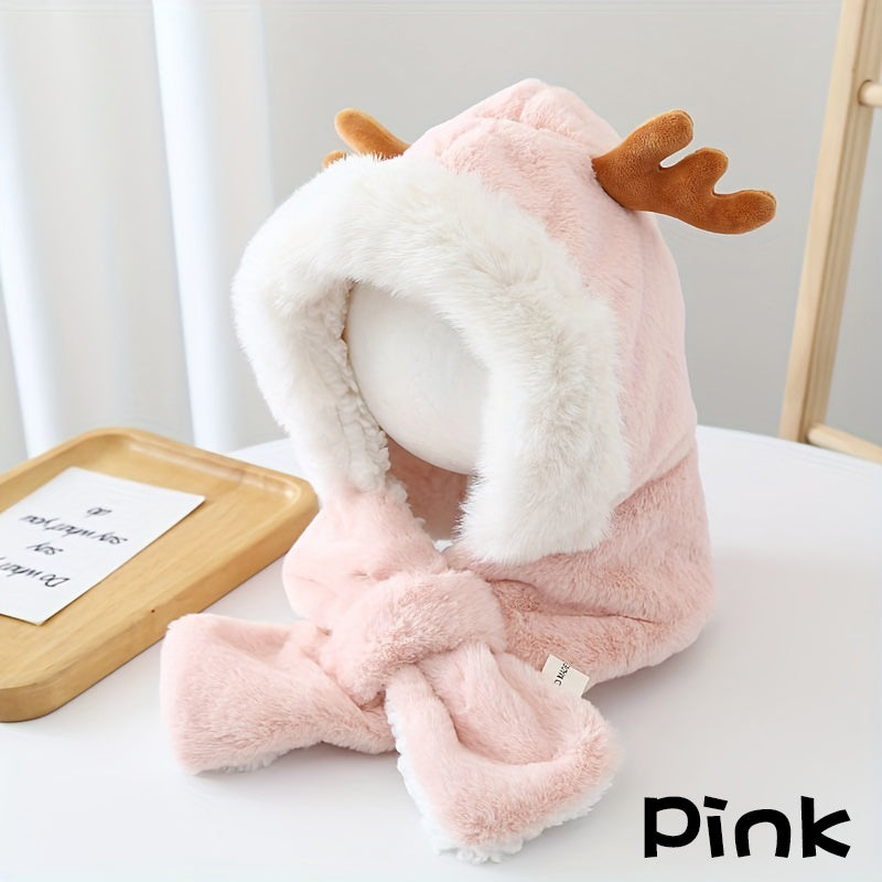 Cute Deer Hat Women Plush Rabbit Ear Funny Lolita Sweet Kawaii Winter Fluffy Fleece Warm Hat Plush Winter Thickened Cute Antlers Baby Hat With Scarf For 5-10 Y Children