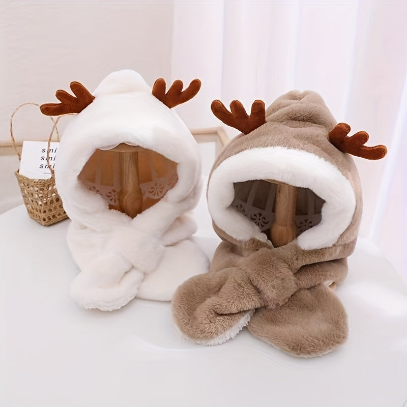 Cute Deer Hat Women Plush Rabbit Ear Funny Lolita Sweet Kawaii Winter Fluffy Fleece Warm Hat Plush Winter Thickened Cute Antlers Baby Hat With Scarf For 5-10 Y Children